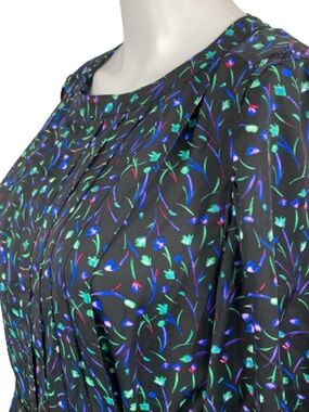 DKNY Floral Pleated Midi Dress  - black with Green & Blue Accent Print